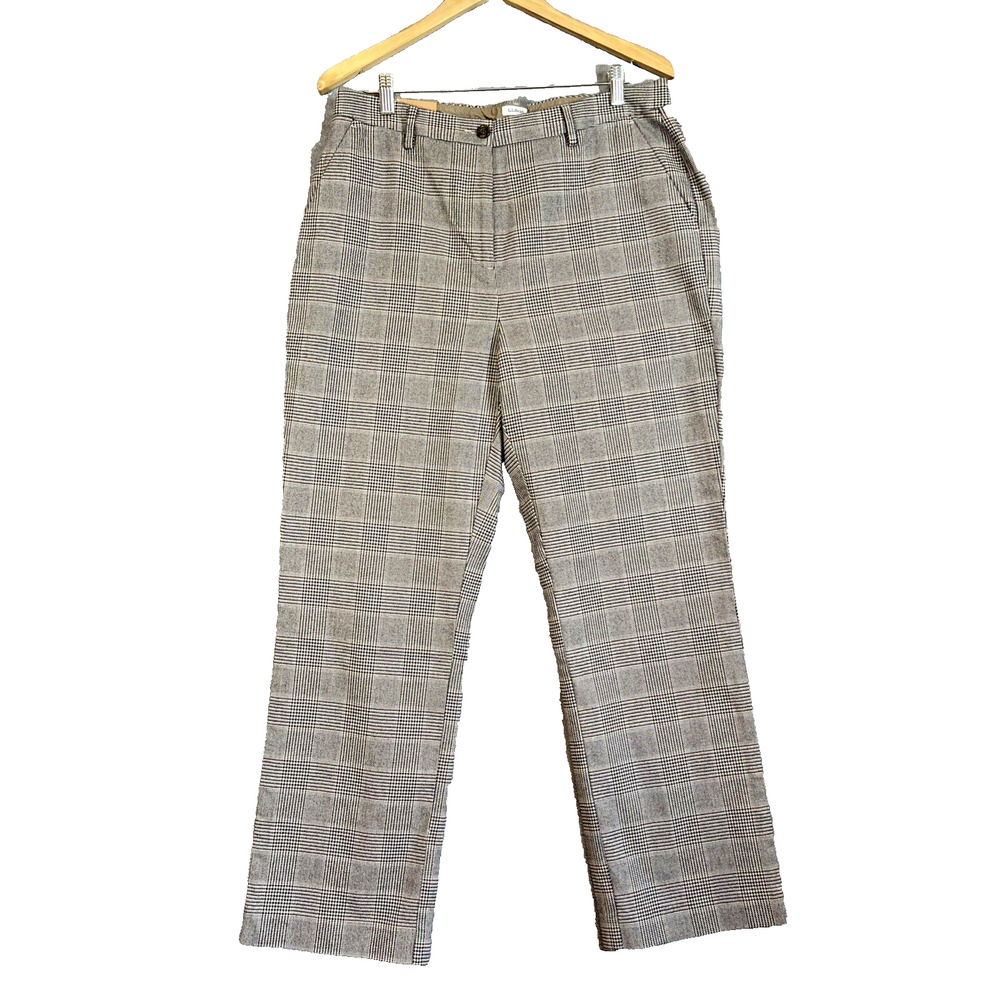 LL Bean Pants Women 14 Brown Plaid Lined Classic Fit Straight Pockets Cotton NEW